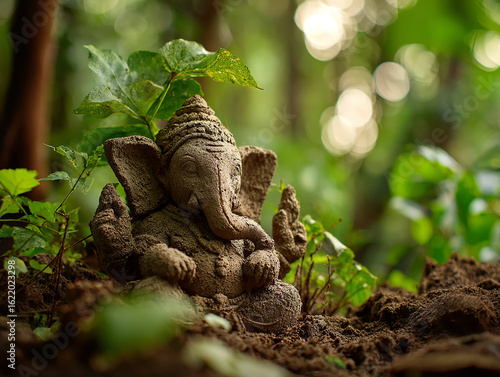 Organic Clay Sculpture of Lord Ganpati surrounded by nature.