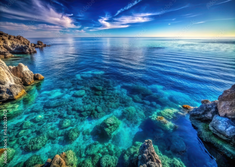 Fototapeta premium Oceanic landscape with a vast expanse of dark blue water and surrounding rocky shores