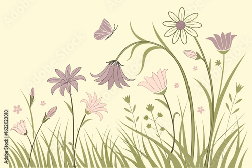 A whimsical floral meadow with pastel flowers and a butterfly, creating a delicate and romantic nature illustration for a spring or summer design
