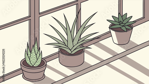 Illustration of succulents in pots on a window sill, isolated on white background perfect for home decor, indoor plants, or still life themed designs