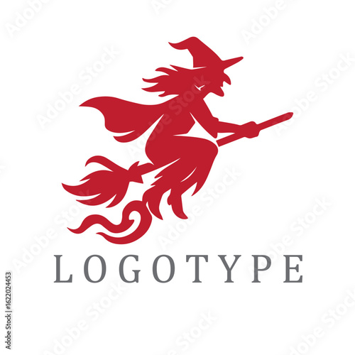Dynamic witch logo in red and white, flying fast on a broomstick with trailing smoke, bold silhouette in magical motion.