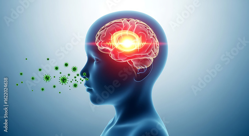 Viral Infection Affecting the Human Brain 3D Medical Illustration.