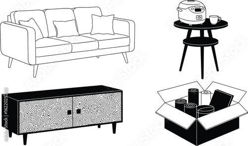 Stylish mid-century modern living room furniture and appliances
