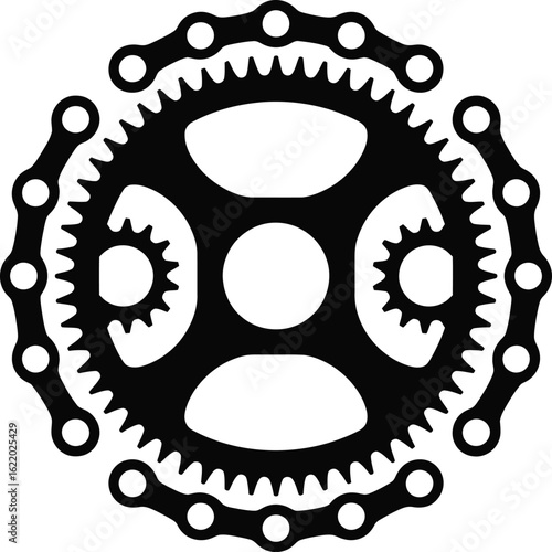 Stylized black and white bicycle chainring and chain emblem