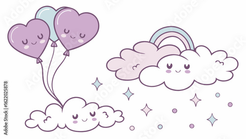 A charming illustration of heartshaped balloons and fluffy clouds with rainbows and stars, creating a whimsical and dreamy scene isolated on white background