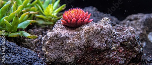 Vibrant dudleya succulent plant atop a textured rock.
