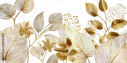 Golden botanical artwork, delicate line art of leaves on white background
