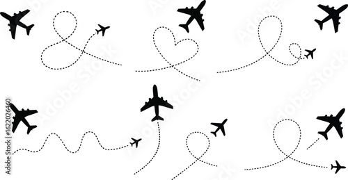 Charming airplane routes with dotted lines, hearts, and loops for travel.