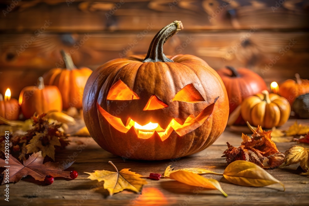 Fototapeta premium Carved halloween pumpkin lantern glowing with candle on wooden table