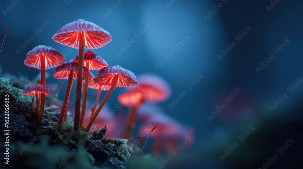 Fototapeta premium Glowing Mushrooms in Mystical Forest Setting at Dusk