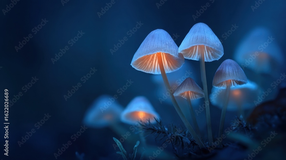 Fototapeta premium Glowing Mushrooms in Dark Forest with Blue Background and Mystery