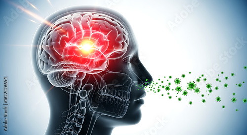 Human Head with Inflamed Brain and Exhaled Viruses.