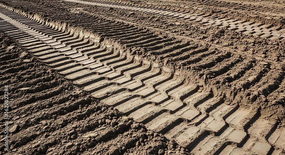 Fototapeta premium Detailed view of tractor tire tracks imprinted in the soft, fertile soil of a field