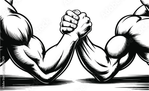 Two muscular arms locked in a fierce arm wrestling match