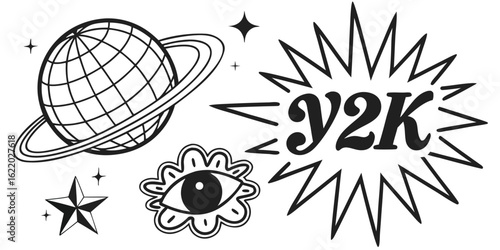 Black and White Y2K Aesthetic Design with Planet Eye Star and Text