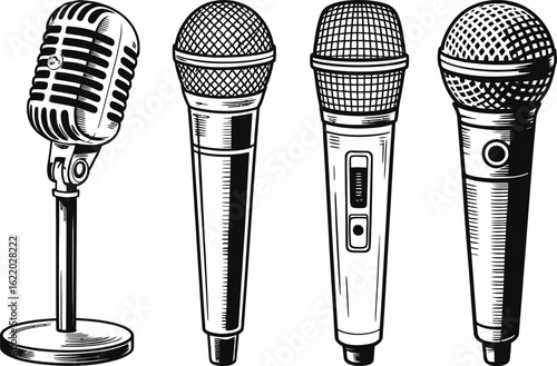 Collection of vintage and modern microphones in a black and white sketch style