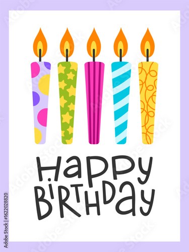 birthday card with birthday candles and the text Happy Birthday, for birthday and festive design.