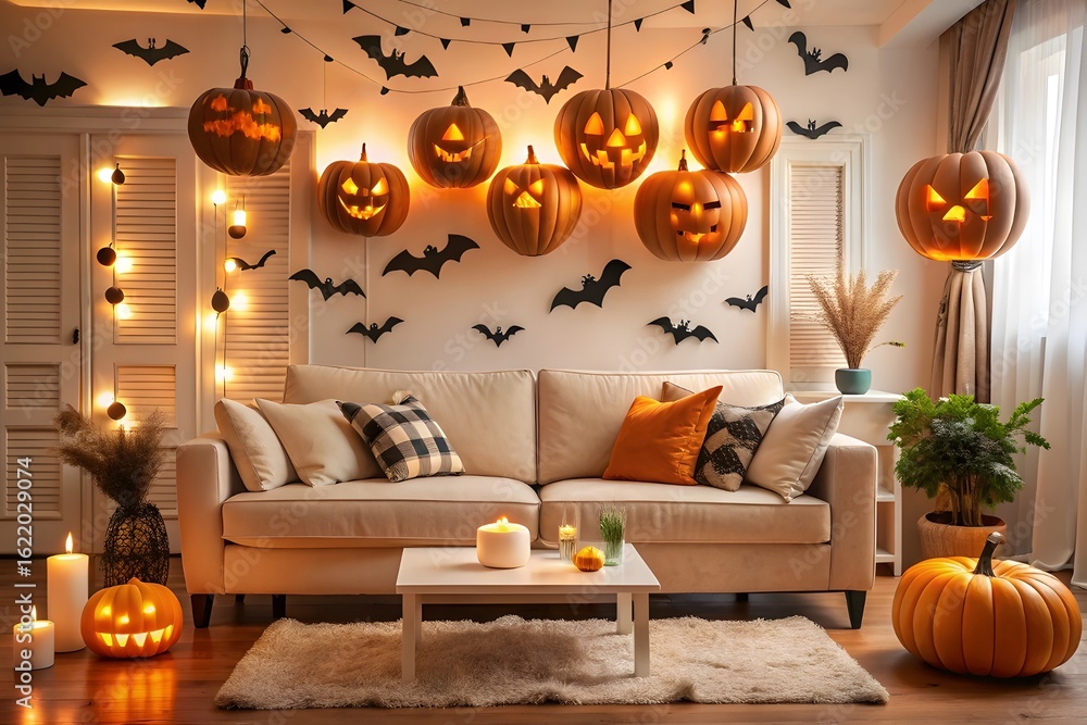 Obraz premium Cozy living room decorated for halloween with pumpkins and bats