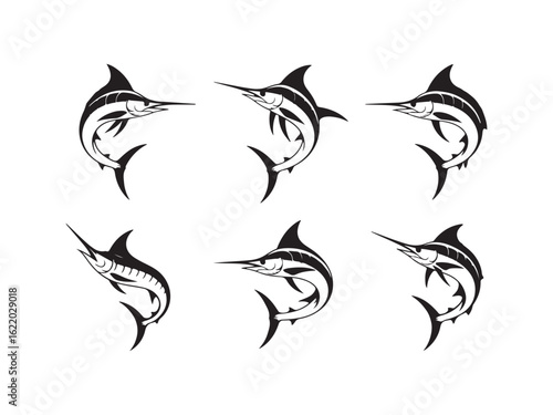 Collection of marlin silhouettes vector isolated on white background.