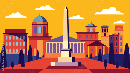 Surrounded by grand buildings showcasing GrecoRoman architecture this historical town square is dominated by a striking obelisk in its center.