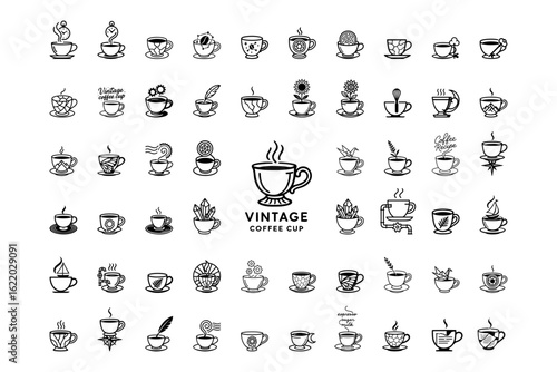 Elegant Vintage Coffee Cup Illustration icons or logos. Minimalist line art of a vintage coffee cup with ornate details. Ideal for coffee-themed designs.