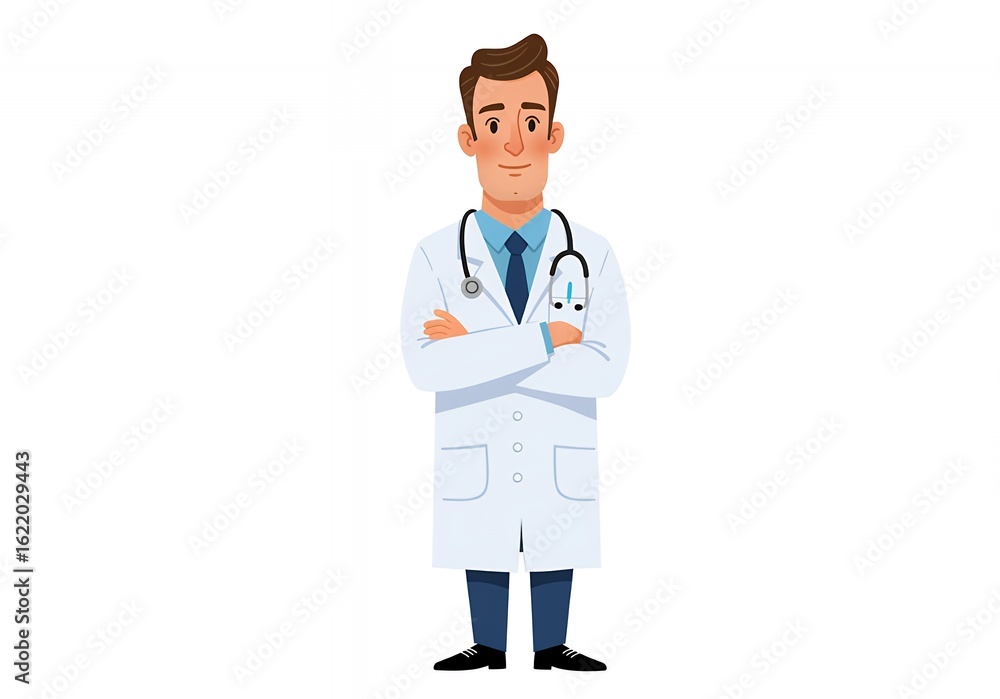 Fototapeta premium Friendly cartoon doctor standing confidently with stethoscope ready to help patients feel better today