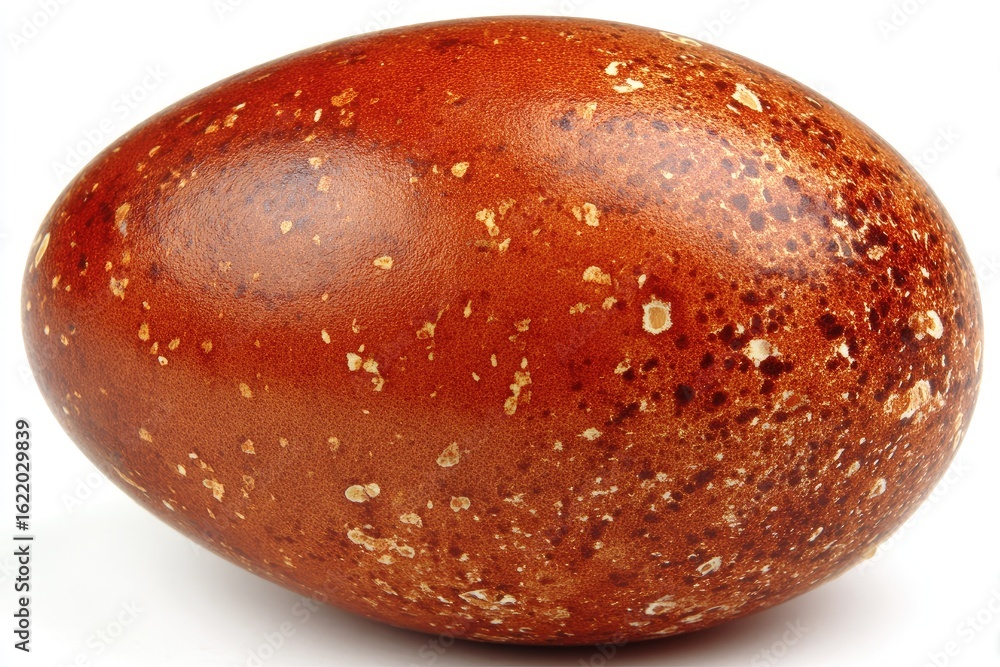 Fototapeta premium Single, brown, speckled egg, oval shape, against white background