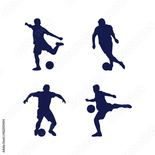 Four dark blue silhouette figures of soccer players in various action poses, kicking and controlling a soccer ball.