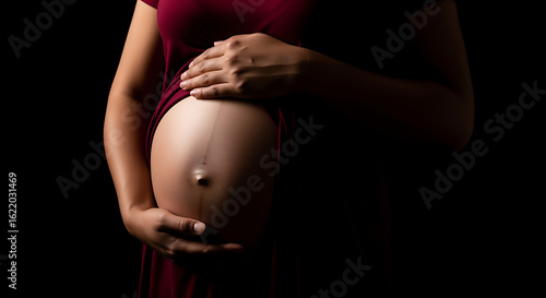 Pregnant Womans Belly Hands Gently Caressing.