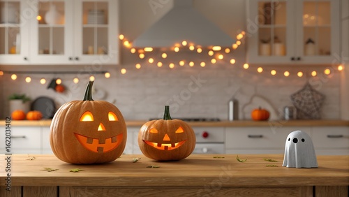 Carved halloween pumpkins and ghost decoration in a cozy kitchen
