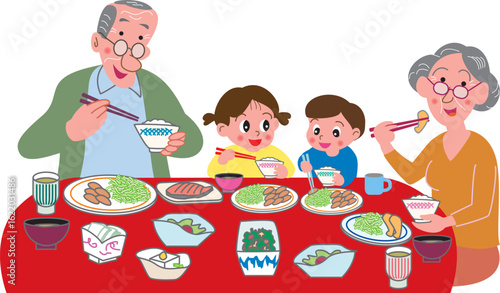 食事をする老夫婦と子供たち

