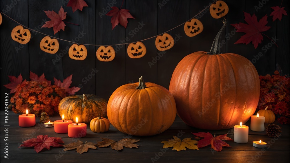 Fototapeta premium Cozy halloween scene with pumpkins candles and autumn leaves