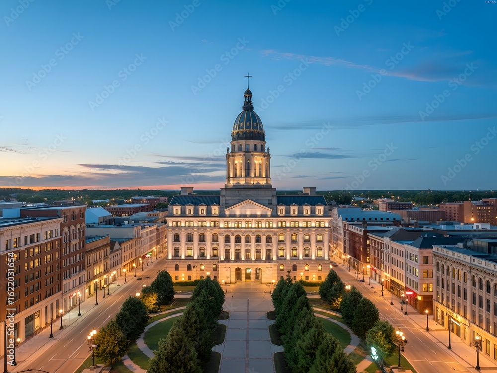 Naklejka premium Historic Government Building with Illuminated Dome at Twilight Blue Hour Architecture