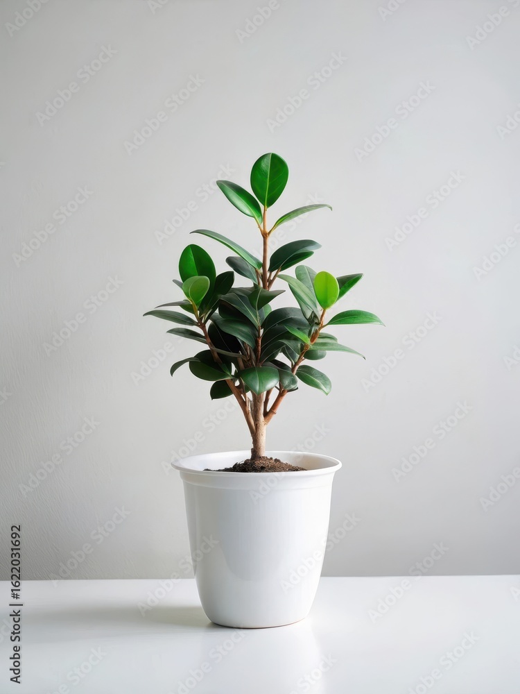 Fototapeta premium Ficus microcarpa plant in a white pot with minimal surrounding decor on an isolated white background