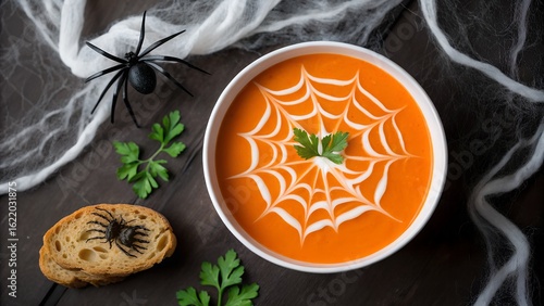 Halloween spiderweb soup with toasted bread and spooky decorations