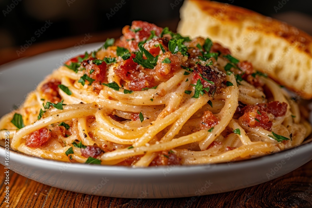 Fototapeta premium Delicious spaghetti carbonara with crispy bacon and bread.