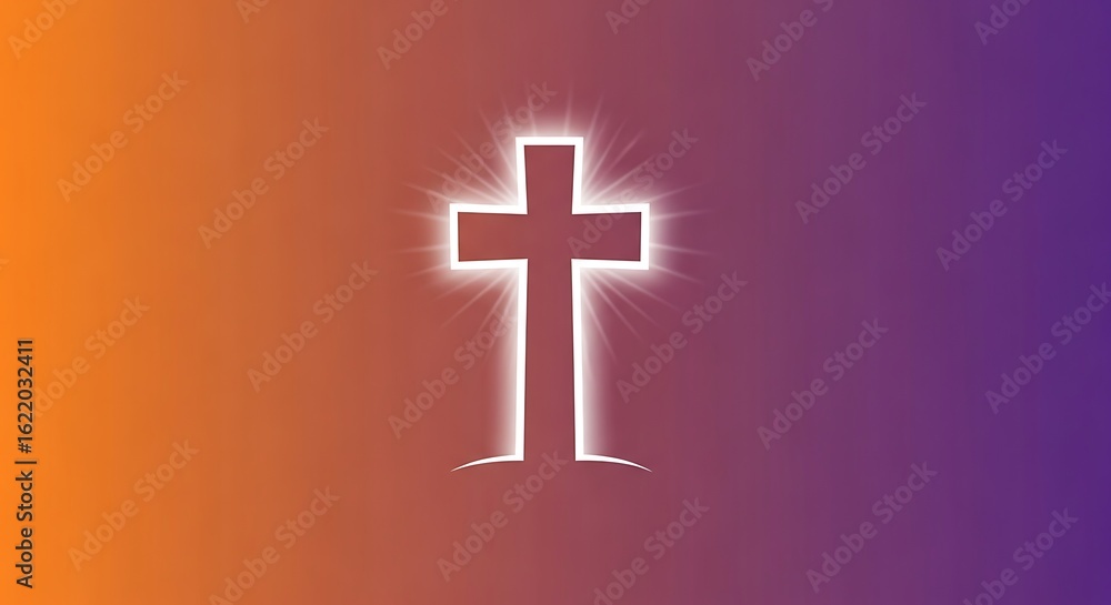 Obraz premium Neon Cross Light Icon on Vibrant Gradient Background Illuminated Religious Symbol