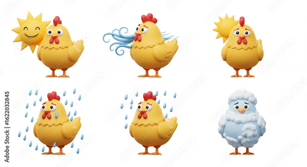 Fototapeta premium Cartoon chicken characters showing different weather conditions