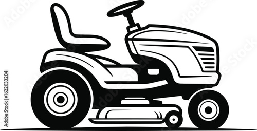 Black and white illustration of a riding lawn mower on a white background