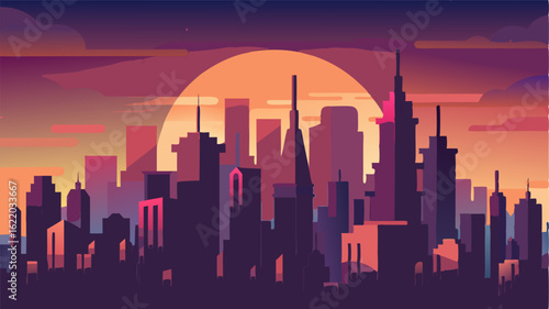 The citys buildings seem to stand in reverence as the sun bids farewell creating a serene and picturesque skyline at dusk.