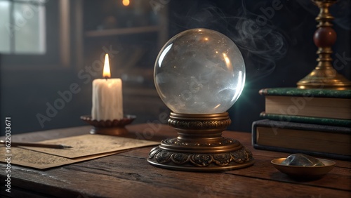 Mystical crystal ball on a wooden table with a lit candle and old books