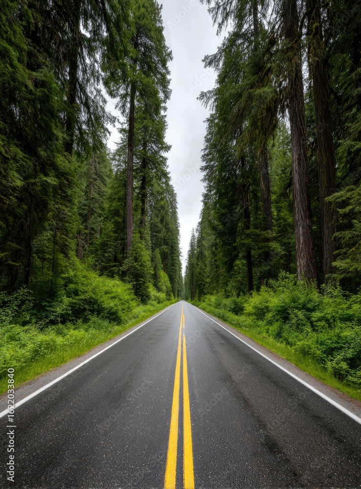 Naklejka premium Straight road through tall evergreen forest