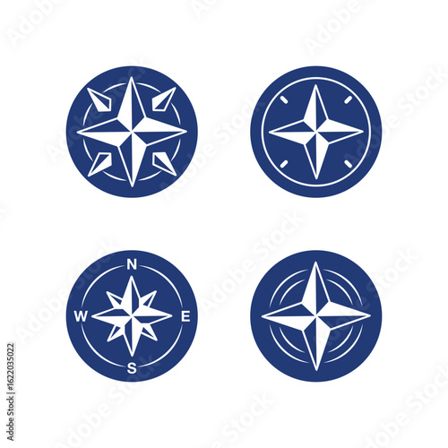 Four blue and white compass rose designs, each showing a different style.