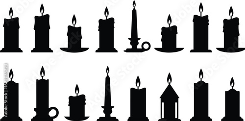 Black and white candle silhouettes set, burning candles, various shapes and holders, vintage and modern styles, vector isolated icons