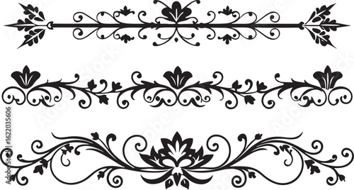 A vector set of vintage floral design elements for borders and decoration, including ornate scrolls and leaf silhouettes
