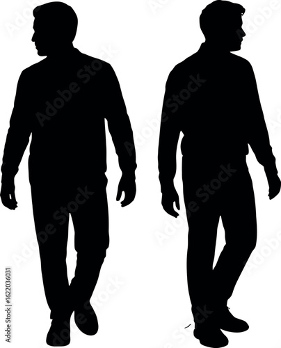 Two men walking side by side in a black silhouette against a white background