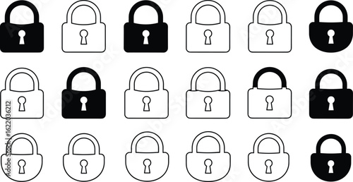 Black and white padlock icons, security symbol set, privacy design, locked and unlocked signs, vector flat illustration for websites