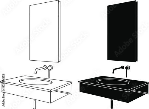 Modern bathroom vanity with sink and mirror line drawing and solid black version