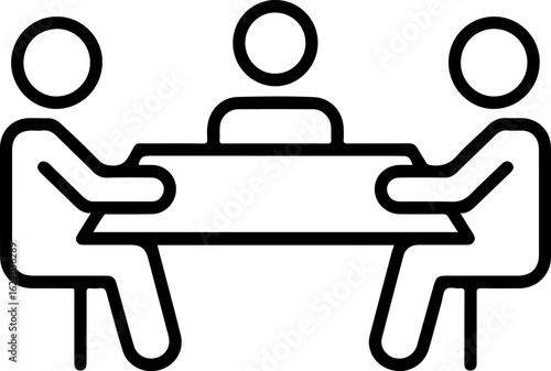 Simple line art icon of three people sitting around a table discussing ideas