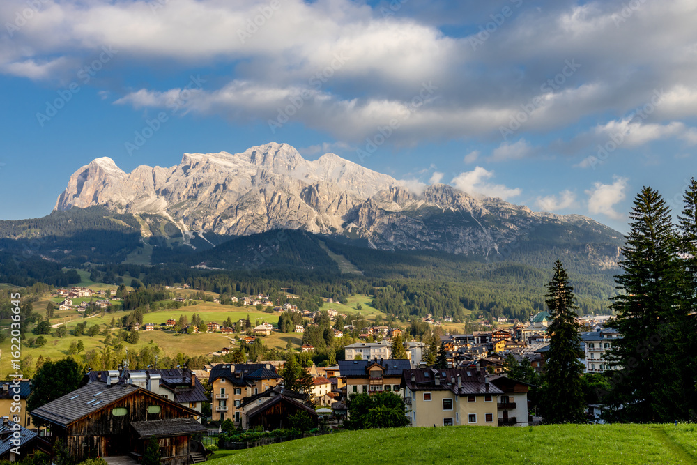 Fototapeta premium Cortina d'Ampezzo town Italy popular tourist summer and winter resort the capital of italian hiking in the Alps. Dolomites mountain resort breathtaking views outdoor. Home of winter Olympic games 2026